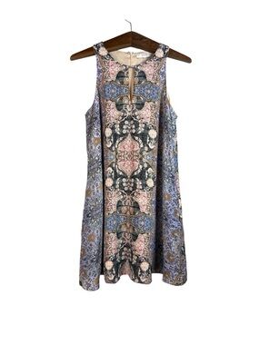 Lavender Brown 100% Silk Key Hole Purple Pink Paisley Print Shift Dress Boho M
